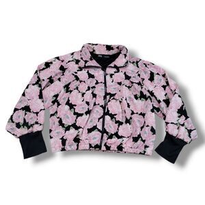 Zara Jacket Size XL Full Zip Up Jacket Roses Floral Flower Print Elastic Waist